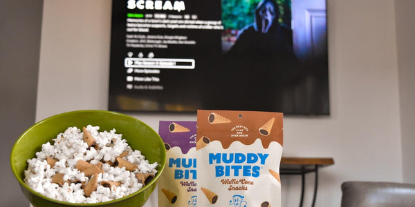 Enjoying Muddy Bites, popcorn, and a movie during the perfect time of year to get cozy and watch your favorite scary films.